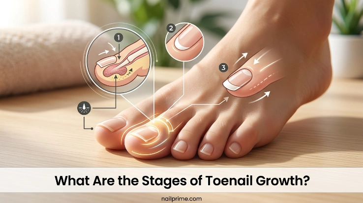 What are the stages of toenail growth from nail matrix to free edge