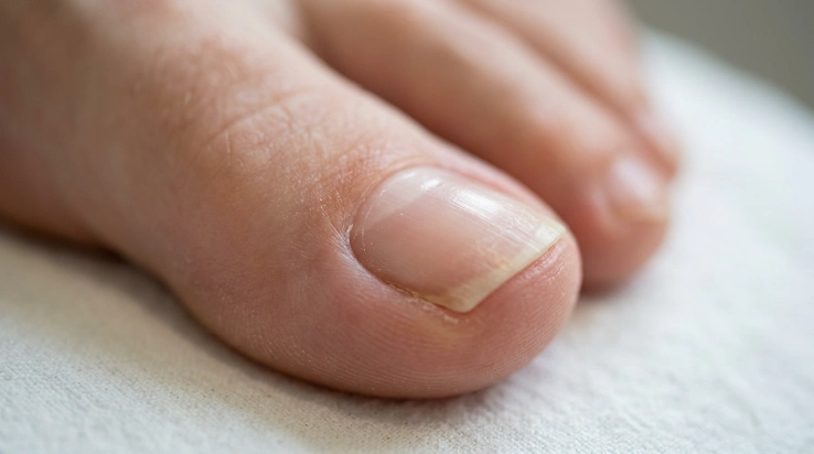 Toenail growth stages showing new nail moving across the nail bed