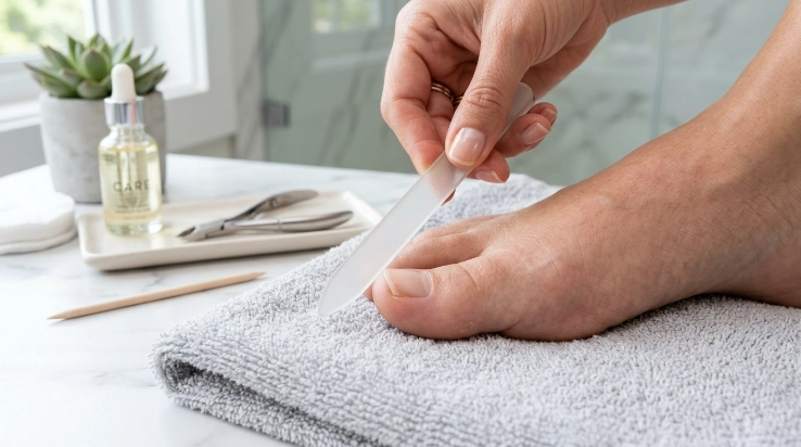 Fine nail file safely smoothing a toenail while it grows back