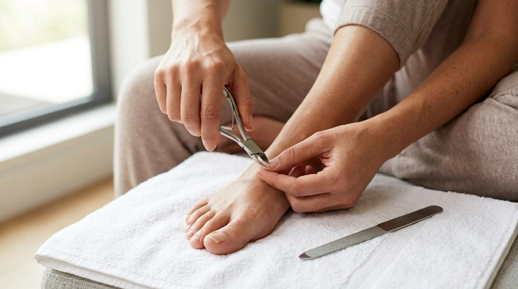 Safely trimming and filing a thick big toenail with clean nail-care tools