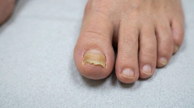 Thick yellow toenail showing common nail changes
