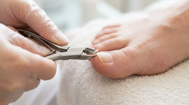 Small straight cuts used to safely trim a thick toenail