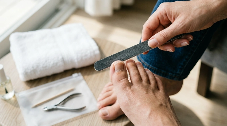 What is the best way to file thick toenails safely at home