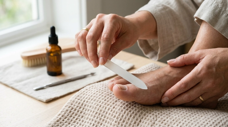 Safely filing a thick toenail after injury with a manual nail file