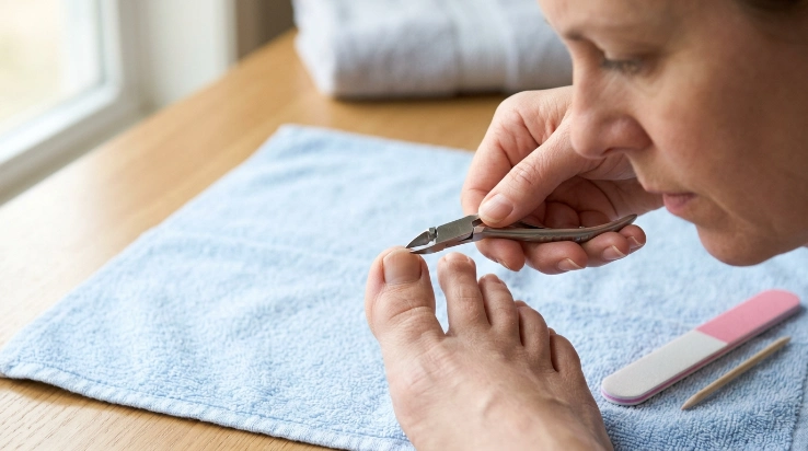 Cutting a thick toenail straight across with nail nippers