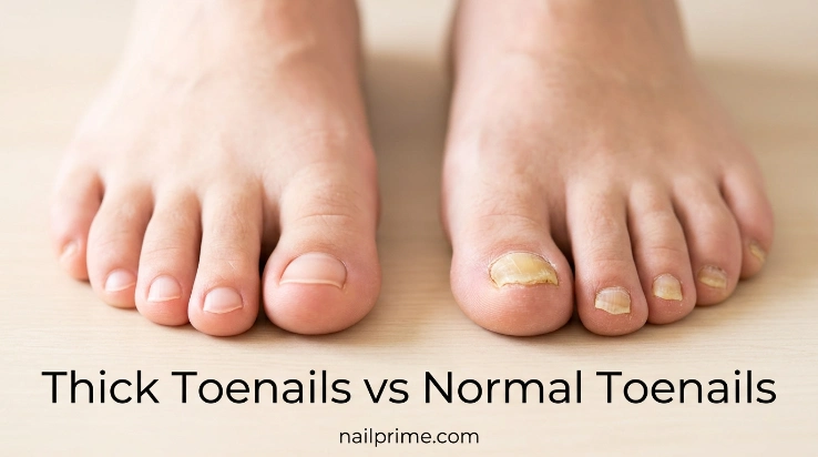 Thick toenails vs normal toenails comparison showing differences in thickness and texture