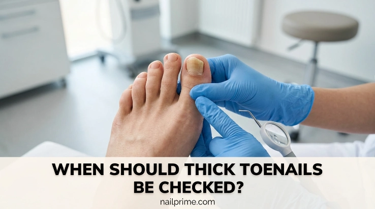 When should thick toenails be checked for unusual changes