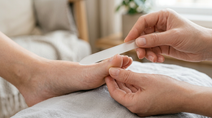 Safely filing a splitting toenail in one direction with a gentle nail file