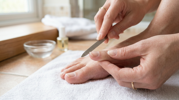 Safe nail file use for a toenail with horizontal ridges