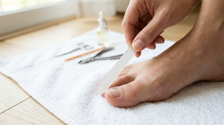 Safe nail filing technique for vertical ridges in toenails