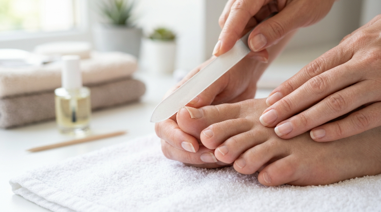 Safe nail file technique for a toenail lifting from the nail bed