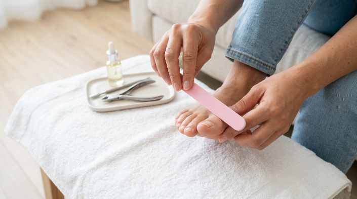 Safely filing a damaged toenail while it grows out