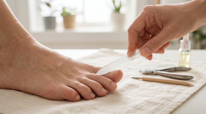 Gently filing a split toenail with a fine nail file