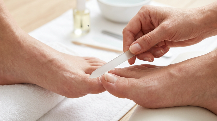 Gentle nail file technique for smoothing a rough toenail safely