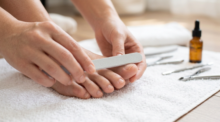 Safe nail file technique for a dented toenail