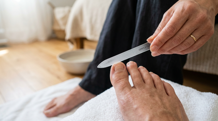safe nail file technique for horizontal toenail ridge