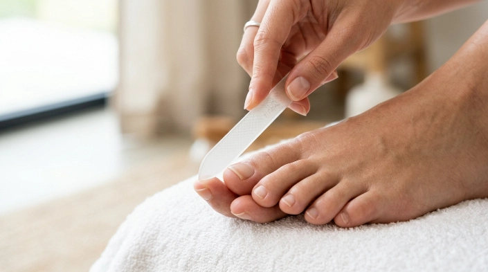 Safe nail filing for white toenails with clean personal nail file