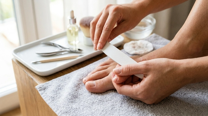 gently filing a dark toenail safely with a clean nail file