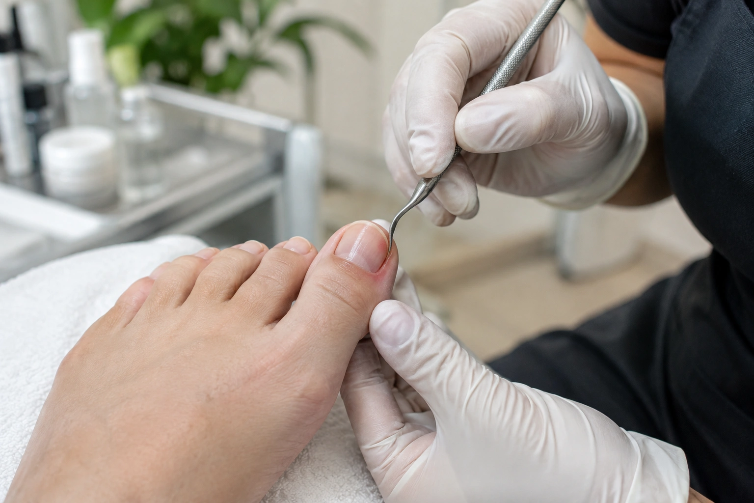 Nail technician carefully working around a mildly irritated ingrown toenail
