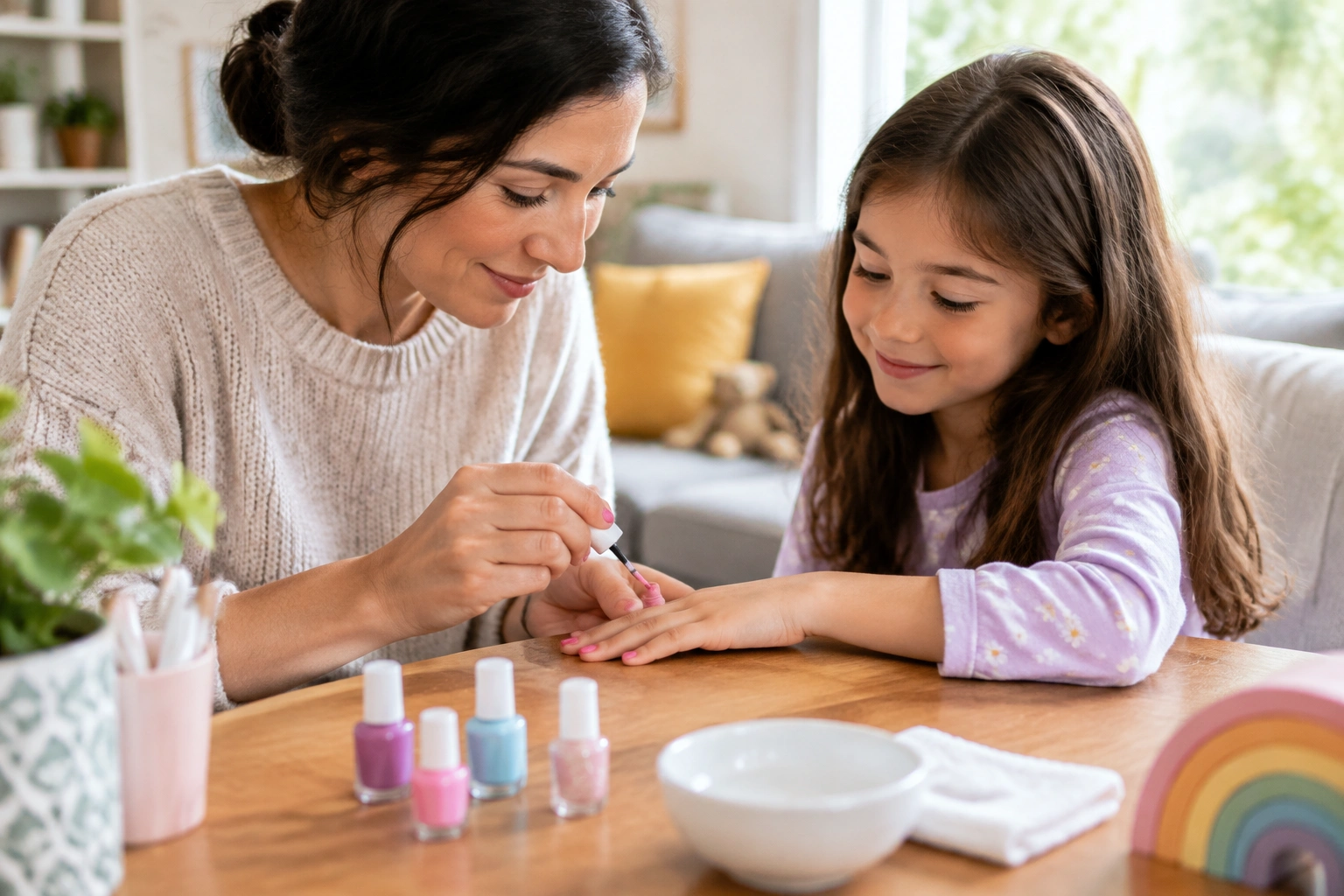 Parent applying kid-friendly nail polish to a child’s hand