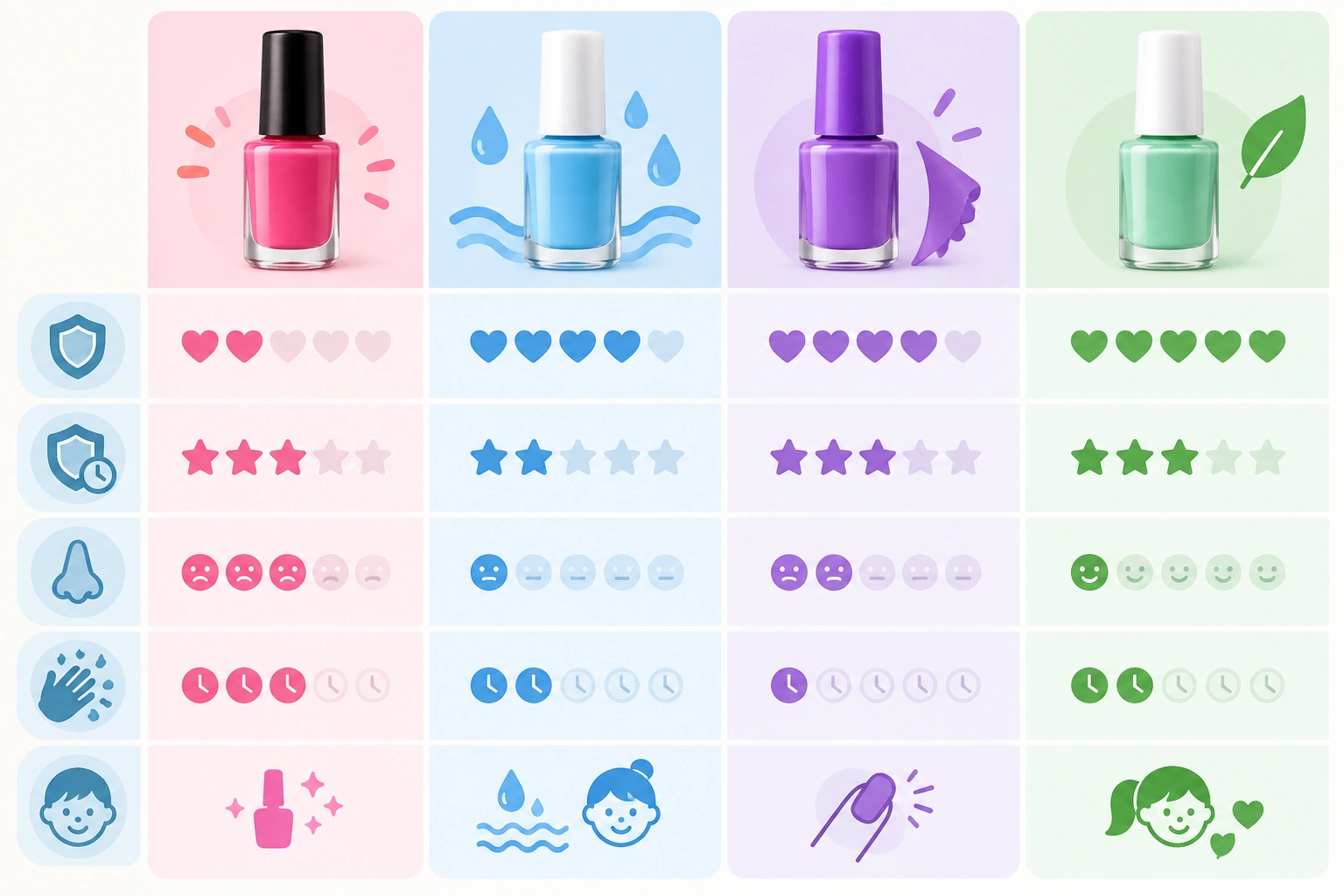Comparison chart of regular, water-based, peel-off, and non-toxic nail polish for kids