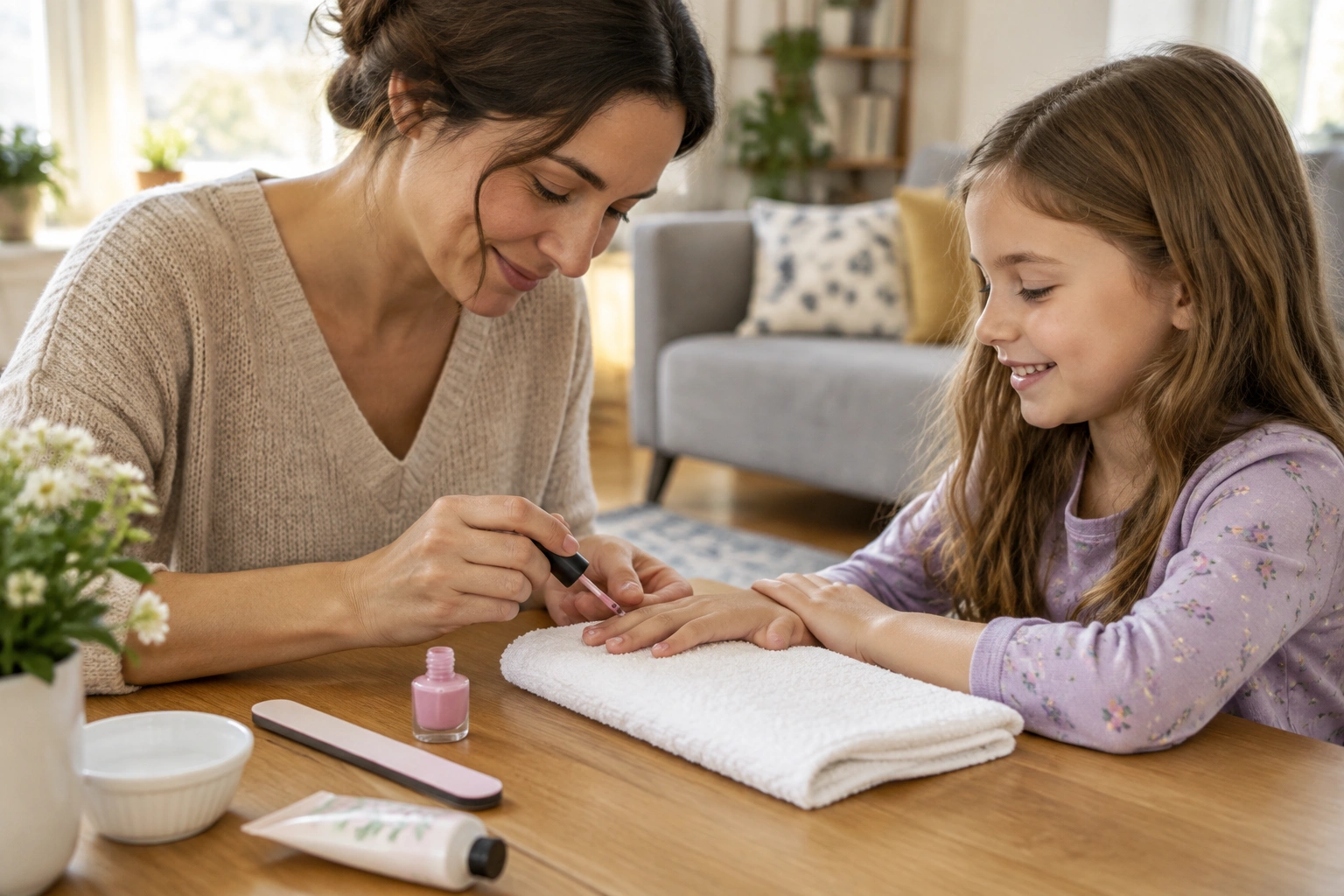 Parent giving a child a gentle manicure with nail file and polish