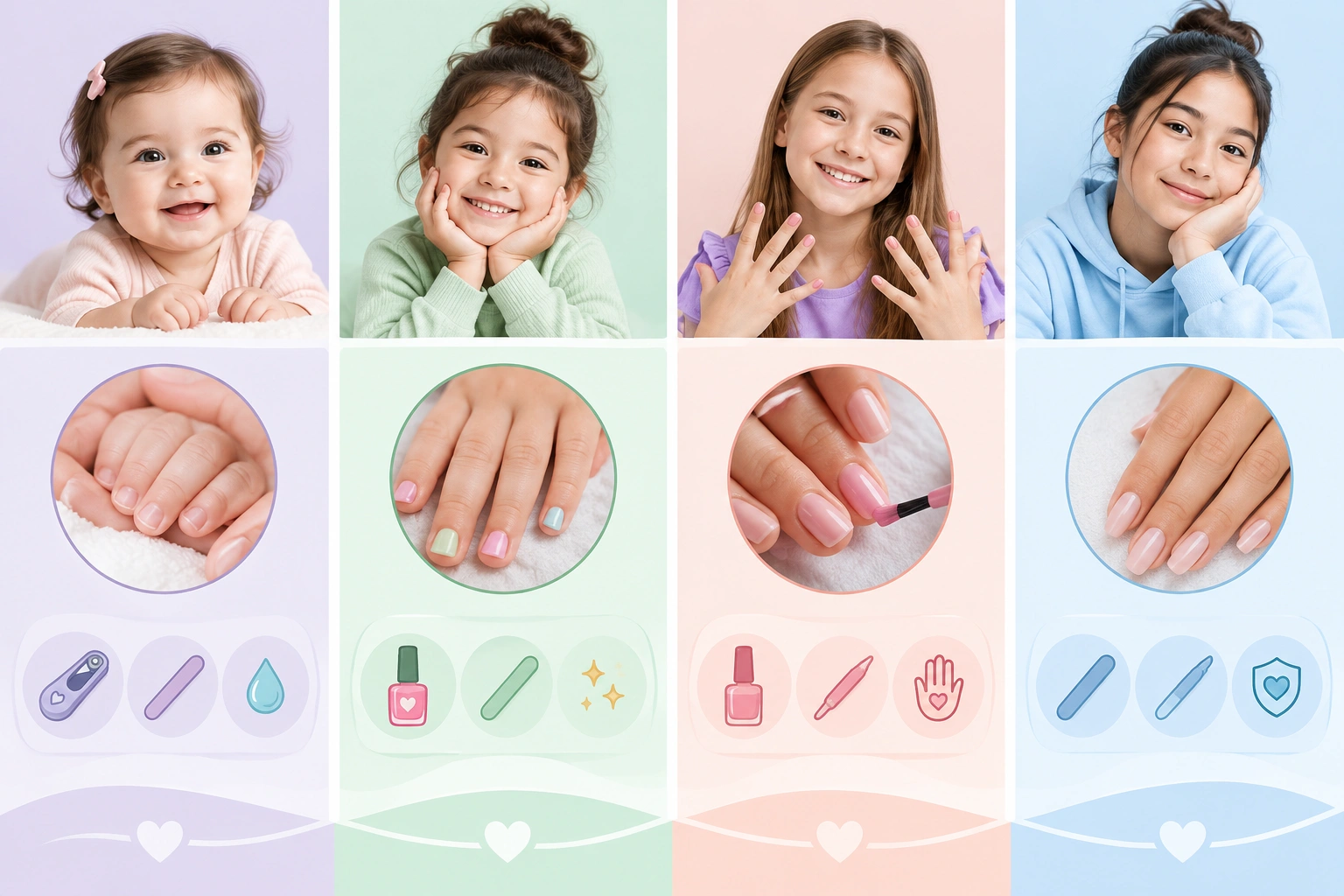 Table showing age-appropriate nail service options for toddlers, children, preteens, and teens