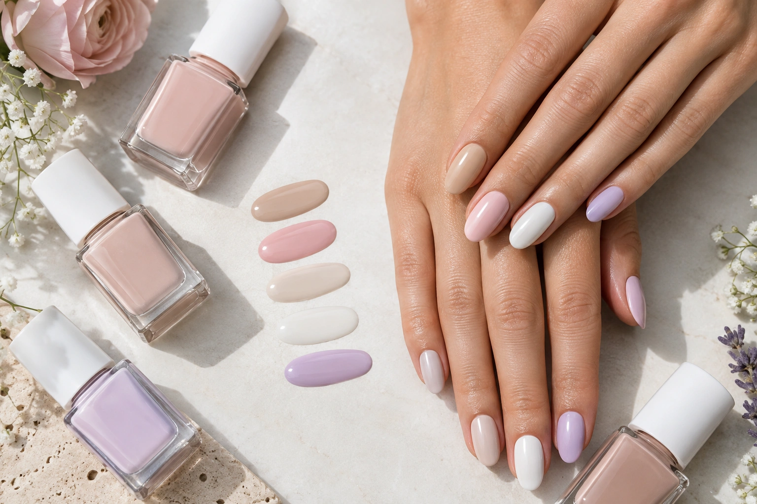 Flat lay of light nail colors including nude, pink, beige, and milky white shades
