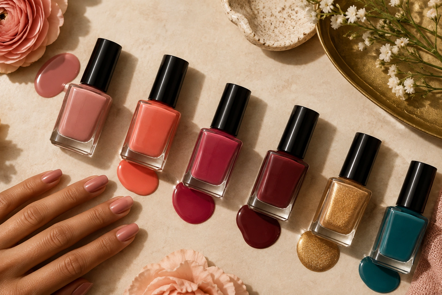 Flat lay of flattering nail polish colors for medium skin tones