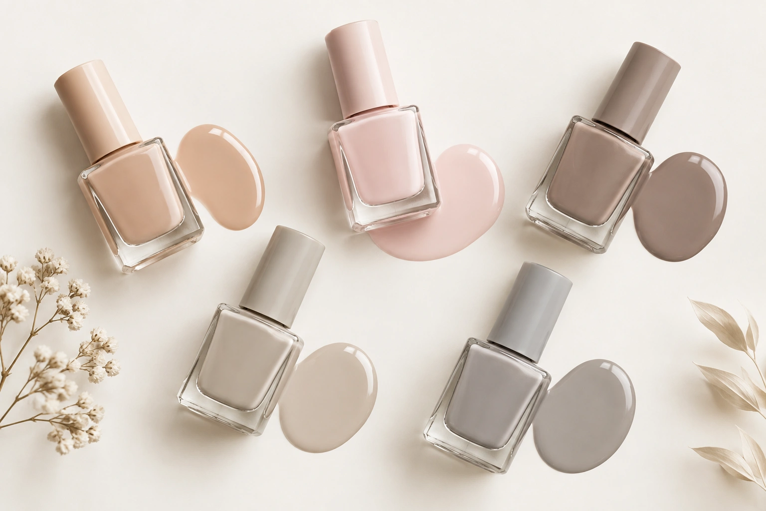Minimalist nail colors in nude, beige, and soft pink shades