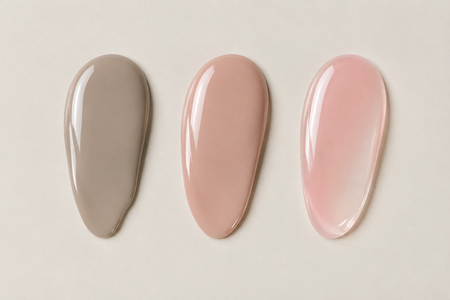 Flat lay of greige, pinky nude, and sheer pink nail polish shades