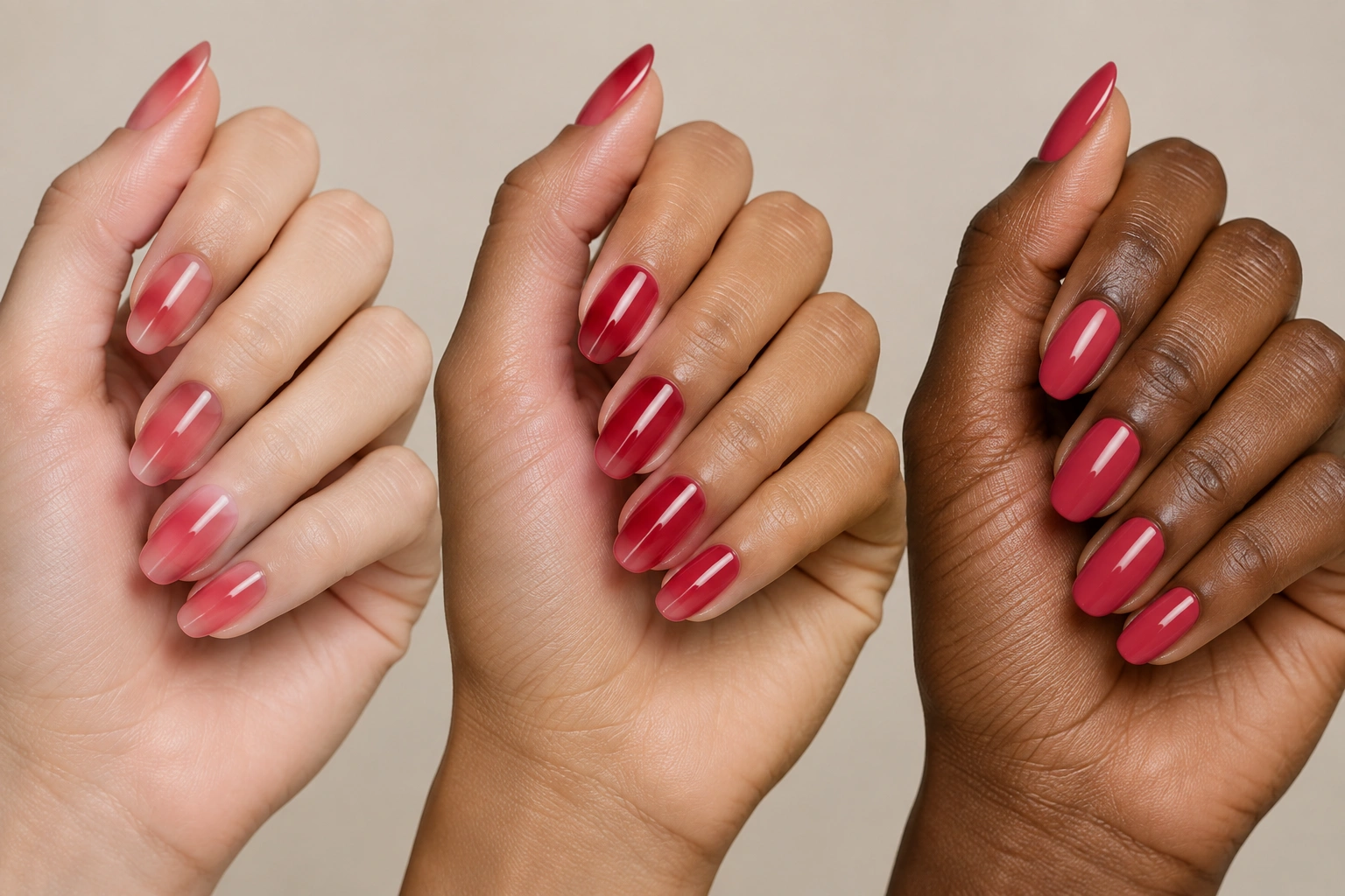 Three manicures in sheer, jelly, and cream finishes showing different nail color effects
