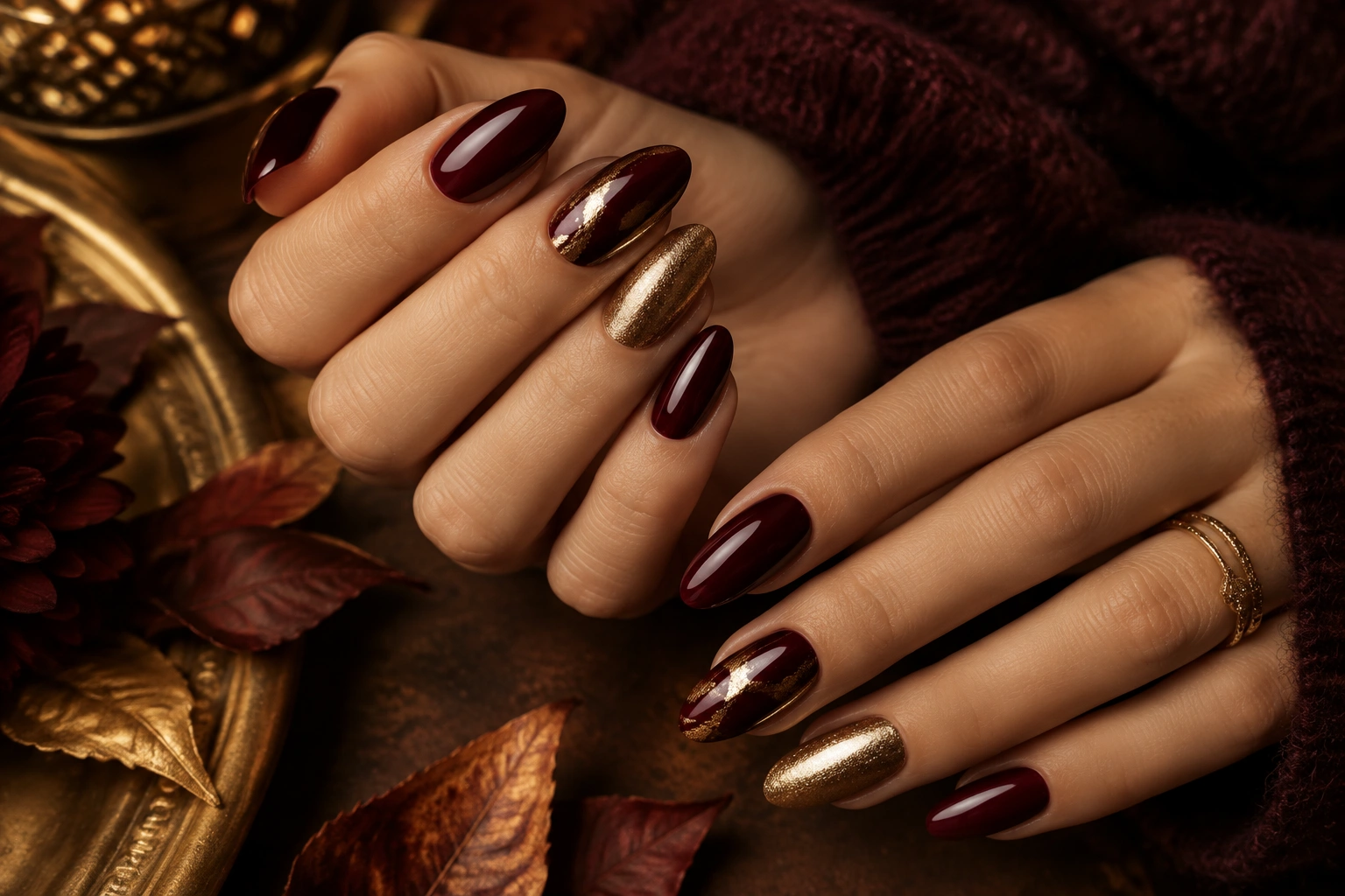 Burgundy and gold nail color combination with a refined glossy finish