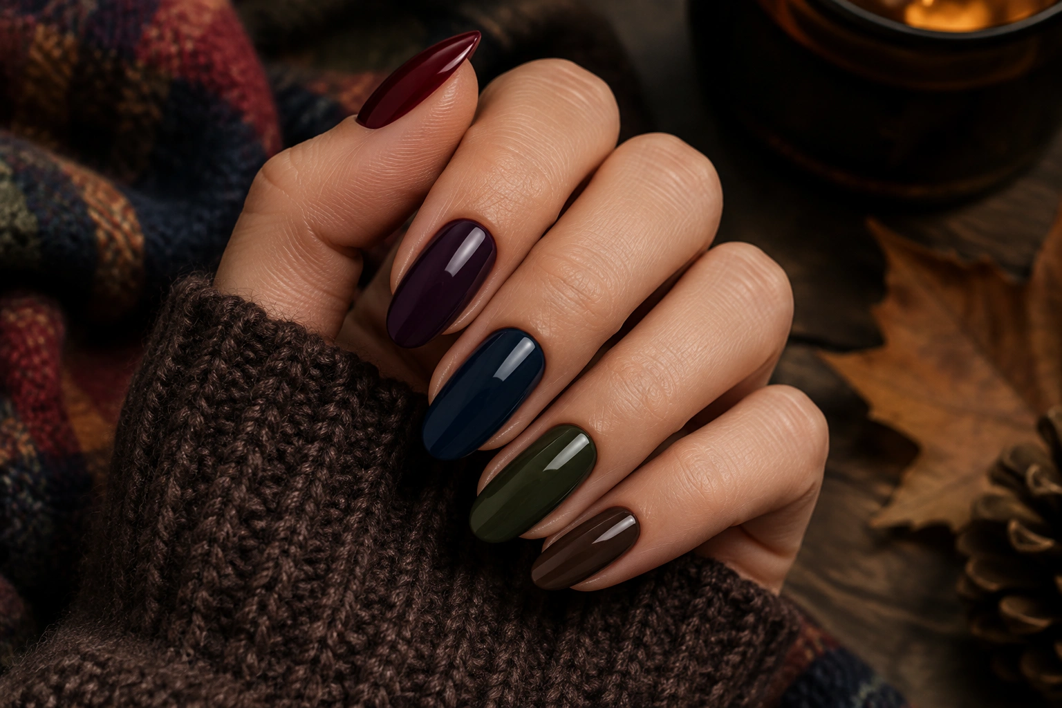 Moody manicure color ideas in burgundy, plum, navy, olive, and chocolate brown