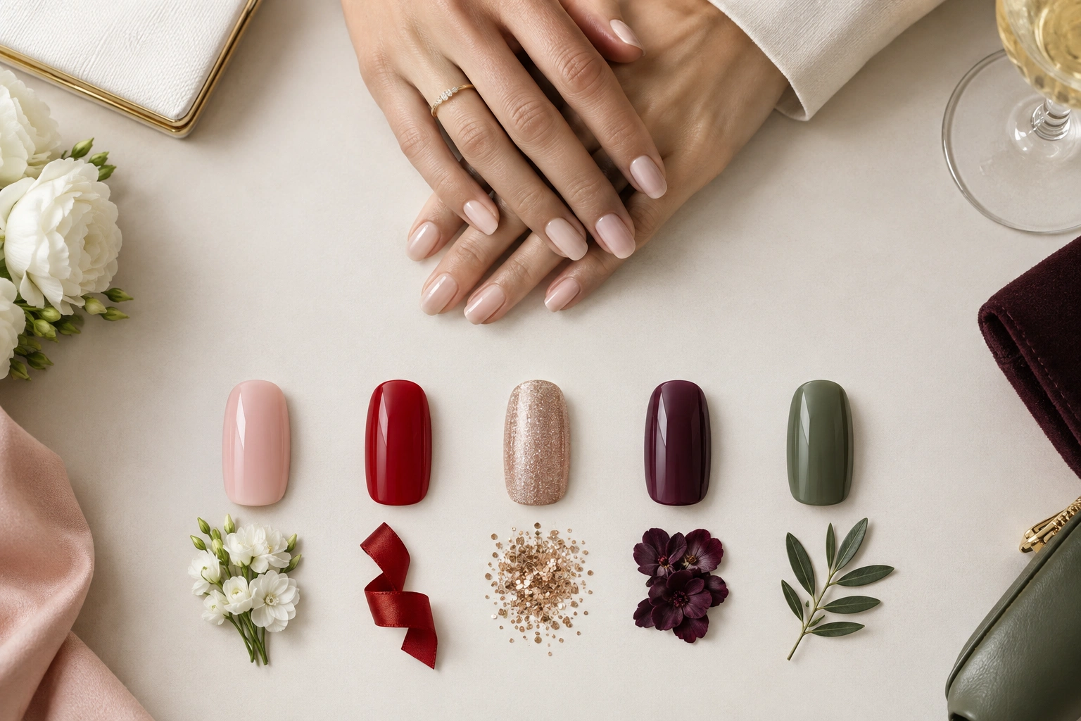 Comparison of nail colors by occasion including weddings work date night and parties