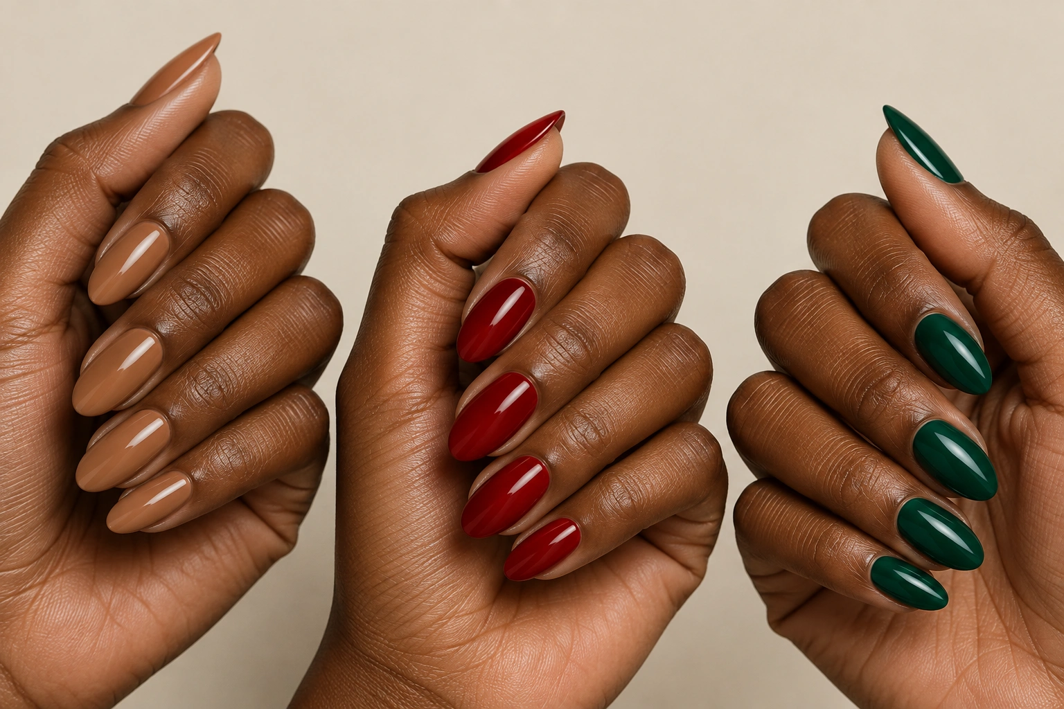 Dark skin manicure examples in nude, bright, and jewel-tone shades