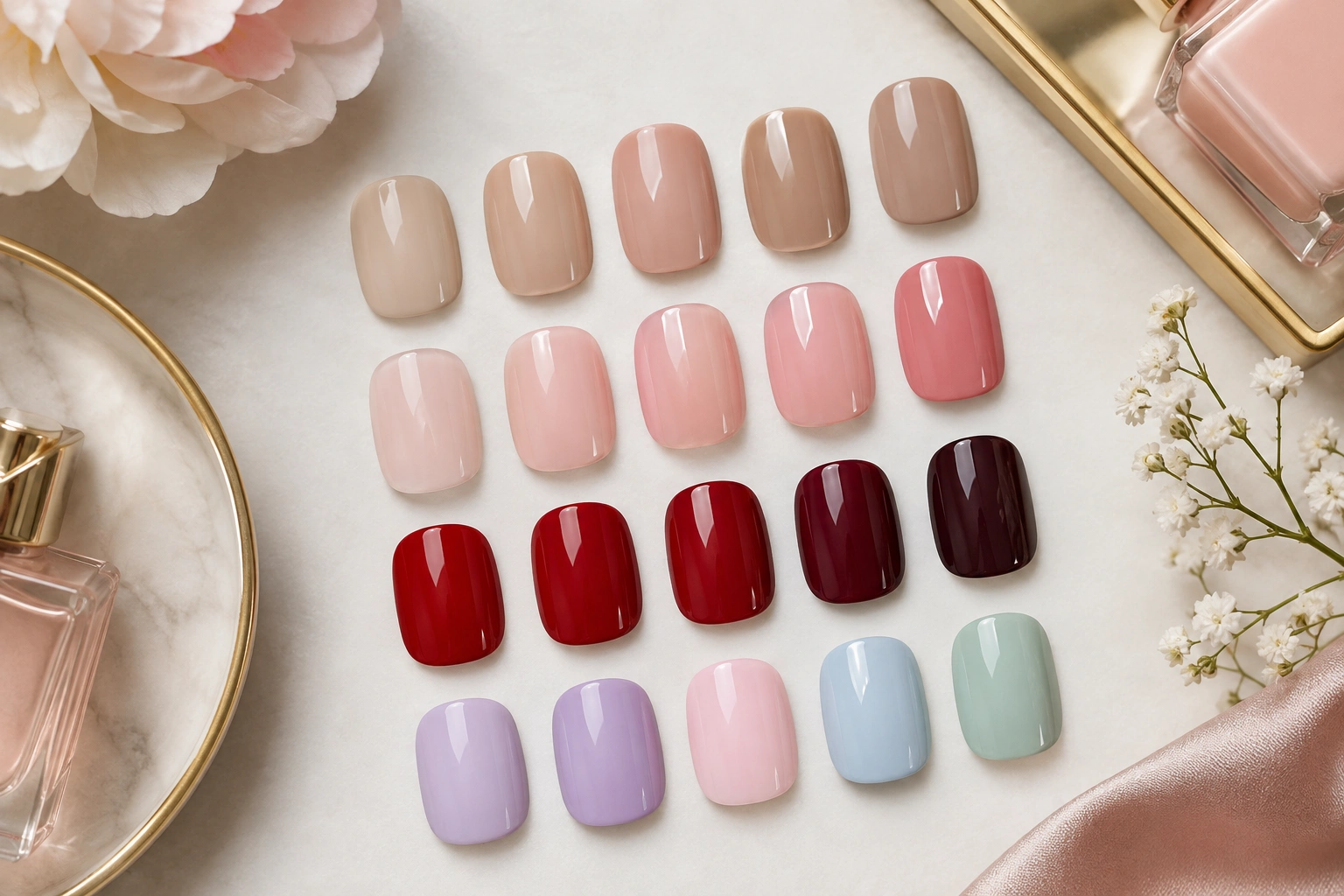 Short nails painted in nude, pink, red, and plum shades
