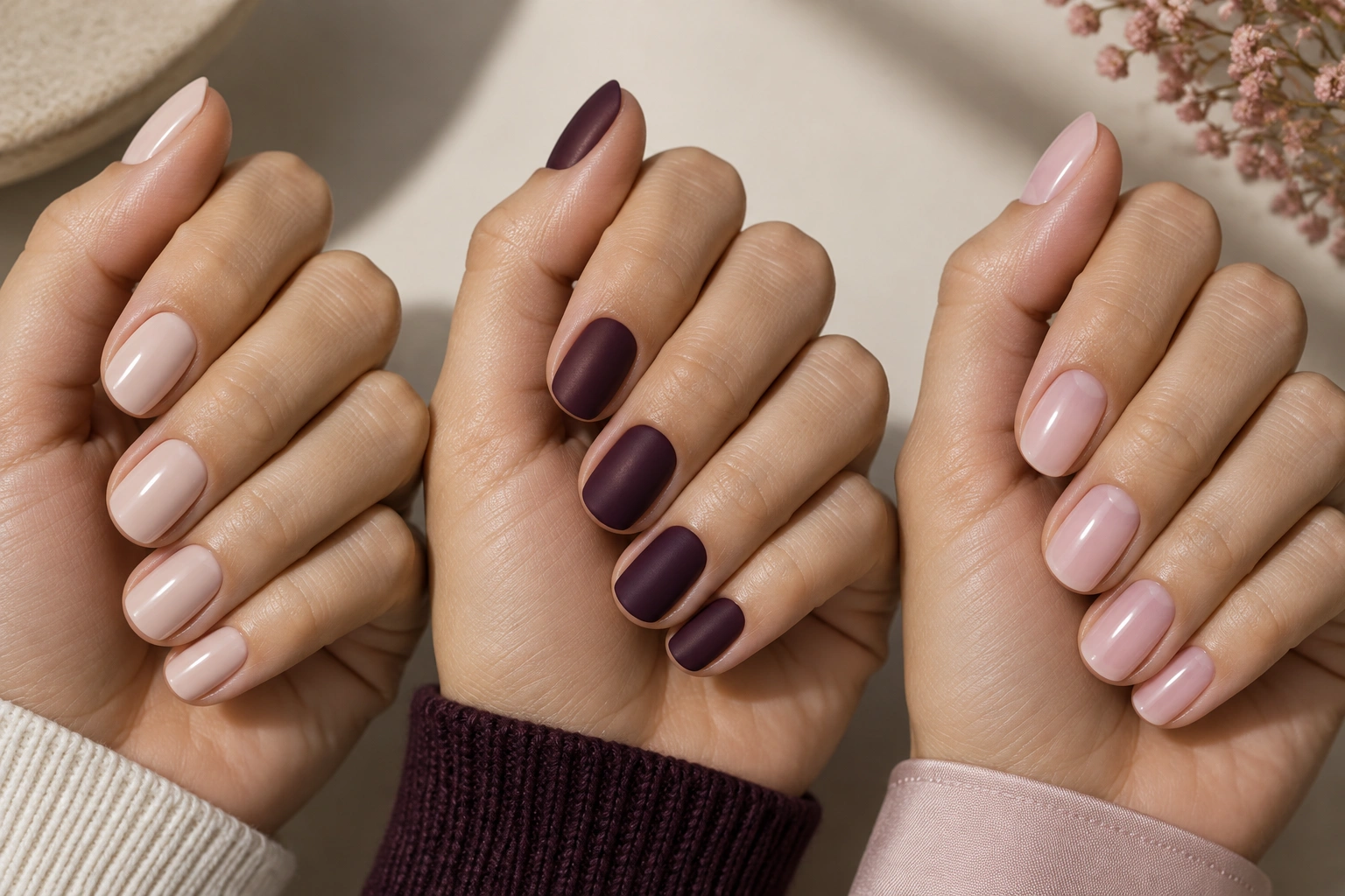 Short nails in glossy nude, matte plum, and sheer pink finishes