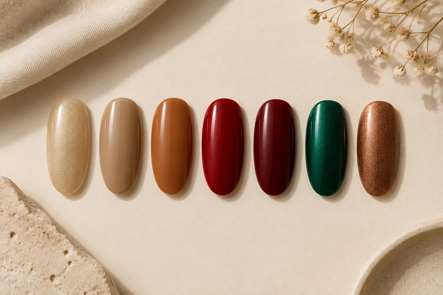 Nail color swatches for olive skin in nude, red, and jewel tones