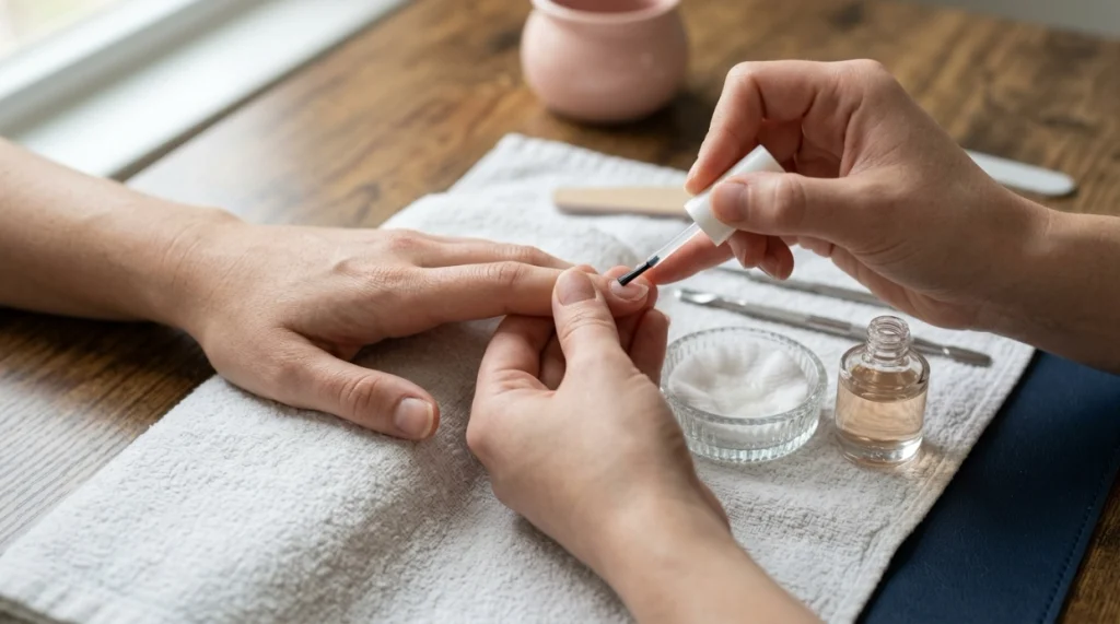 Nail dehydrator, alcohol cleanser, and primer arranged separately during natural nail preparation.