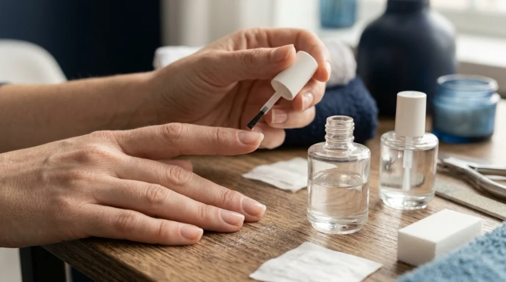 Nail dehydrator and primer shown as separate steps in a natural nail preparation routine.