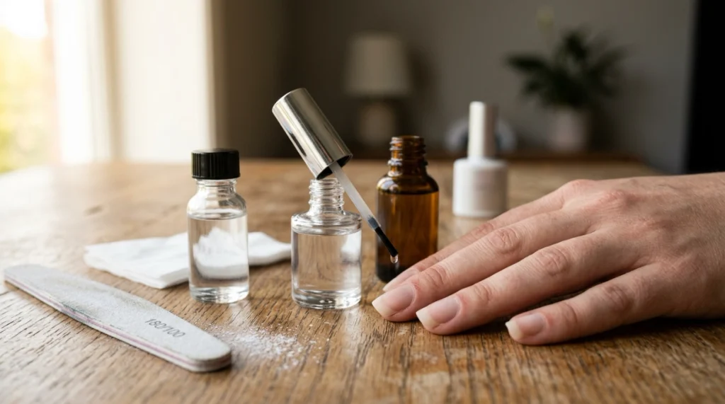 Cleanser, dehydrator, and primer shown as separate nail-prep stages before product application.