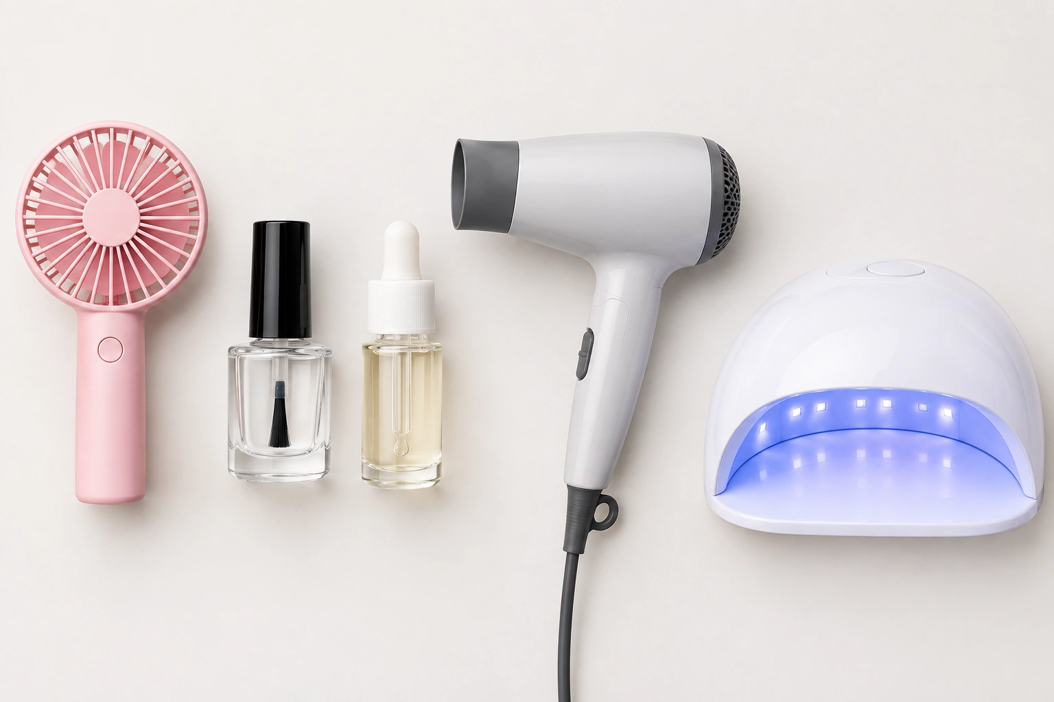 Comparison table concept for fan, quick-dry top coat, quick-dry drops, cold air, and UV lamp