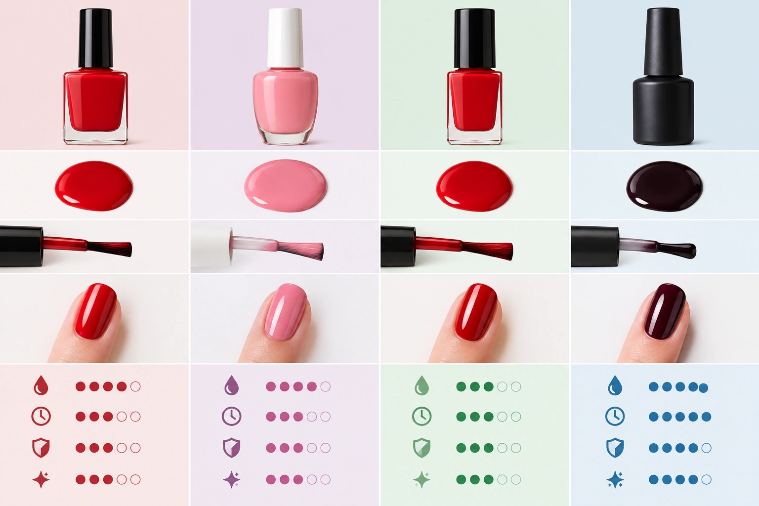 Comparison table showing nail lacquer versus nail polish, nail enamel, and gel polish