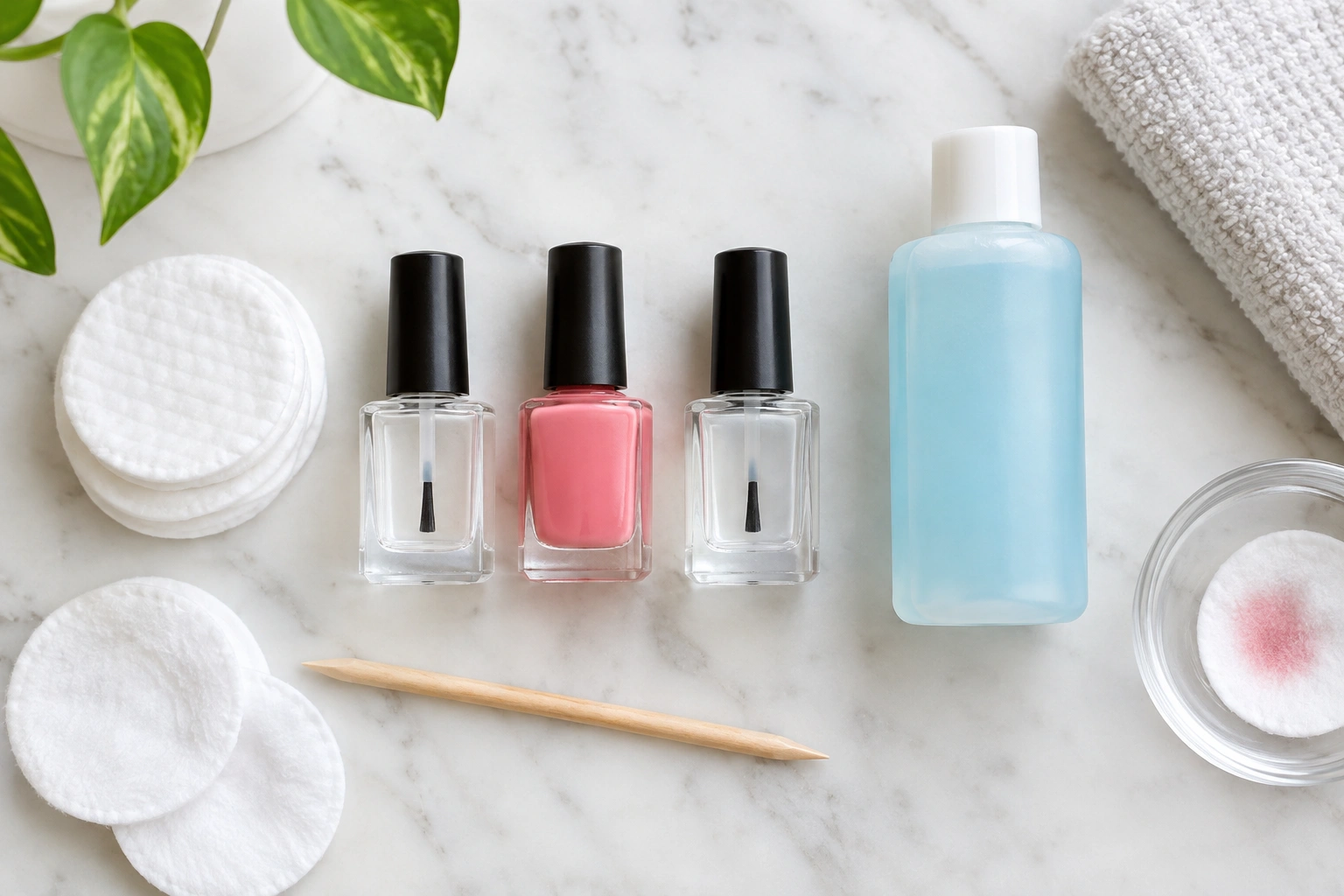 Beginner nail polish setup with base coat, color, top coat, and remover