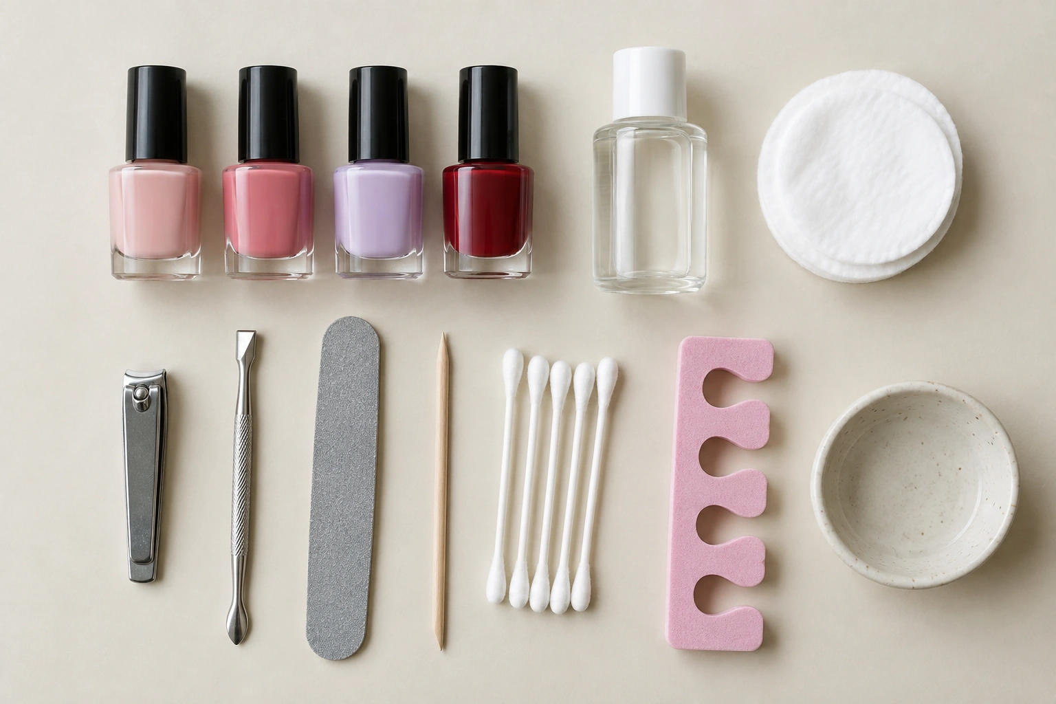 Nail polish bottle, base coat, top coat, and tools arranged for a beginner manicure