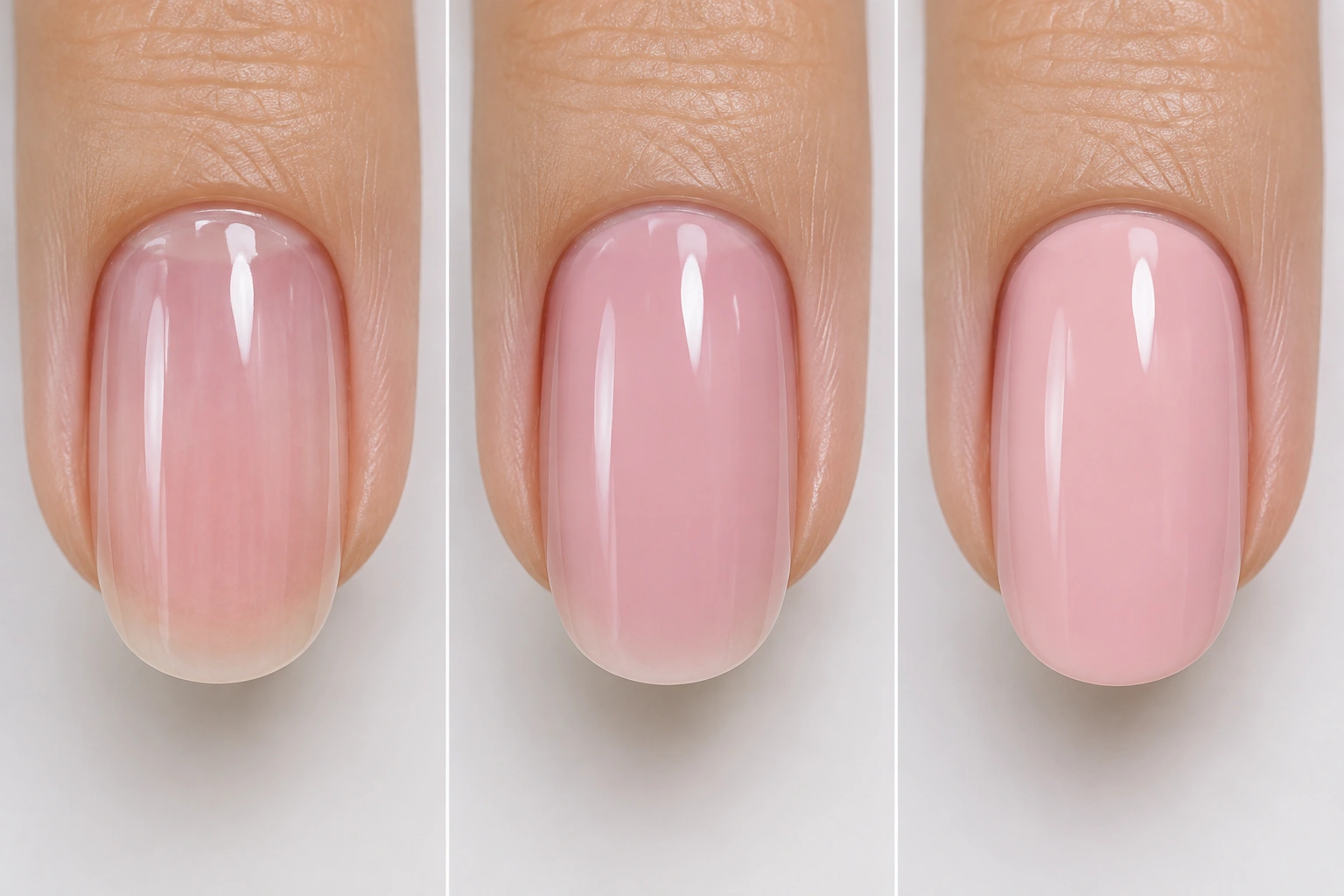 Close-up of polished nails showing one coat, two coats, and three coats coverage examples