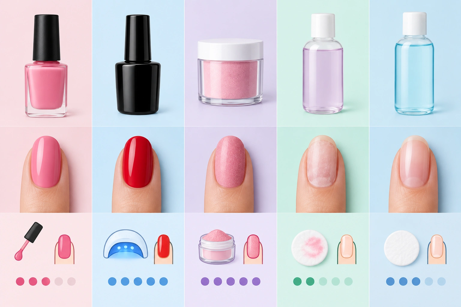 Comparison of regular polish, gel polish, dip powder, acetone remover, and non-acetone remover