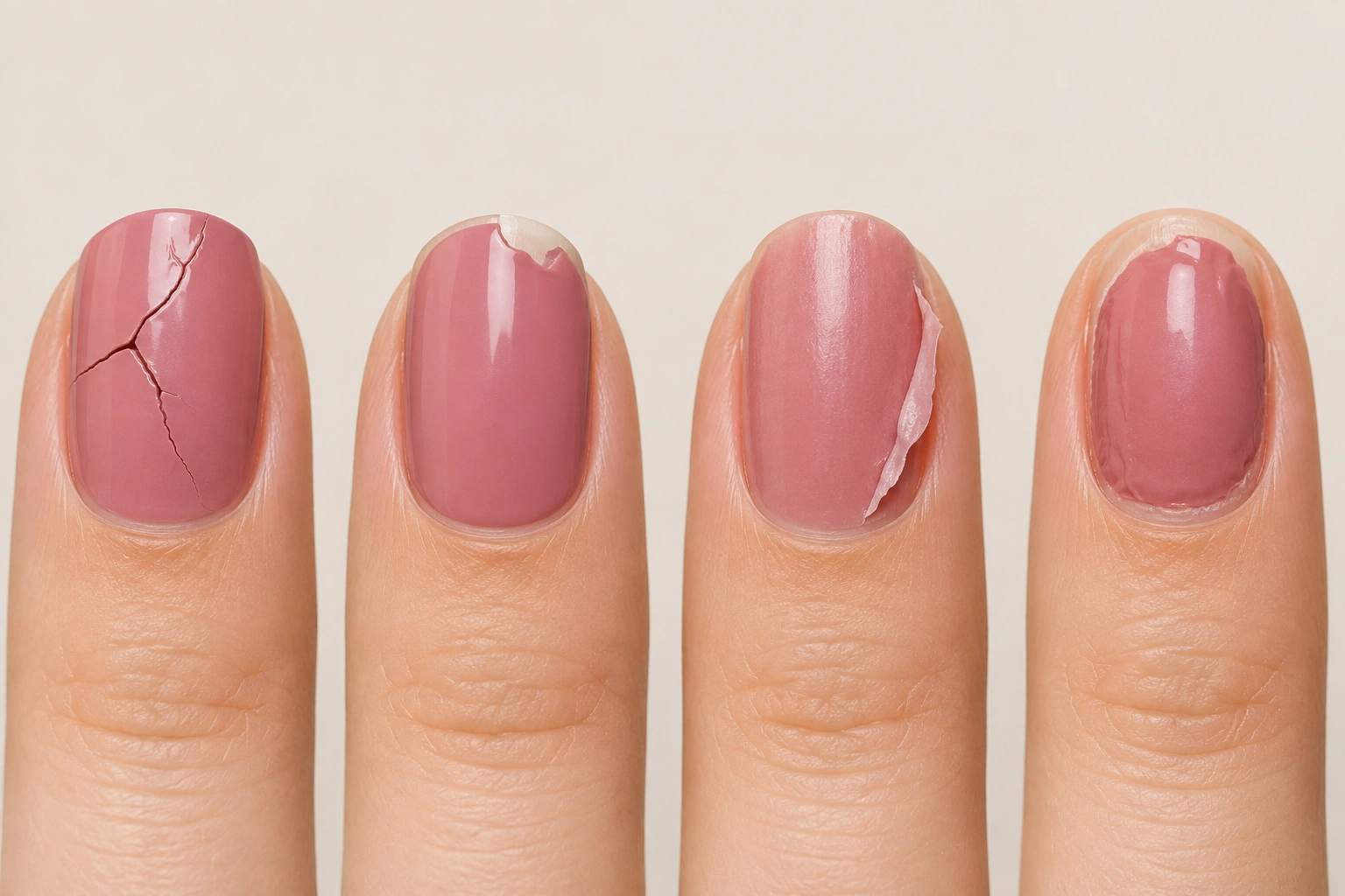 Beginner comparison of cracked, chipped, peeled, and shrunken nail polish