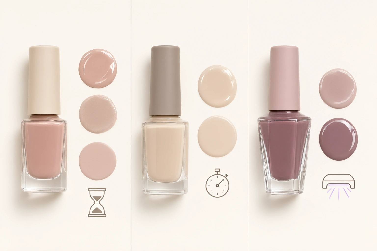 Comparison chart showing regular polish, quick-dry polish, and gel polish drying stages